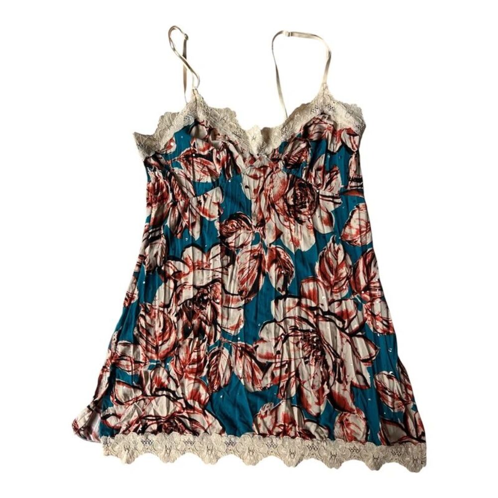 Vintage 90s HerStory Teal Floral Lace Trim Crinkle Pleated Camisole Tank Small